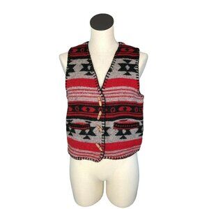 AtLast Vest Wool Blend Womens M Southwestern Red Black Gray Wood Buttons Pockets